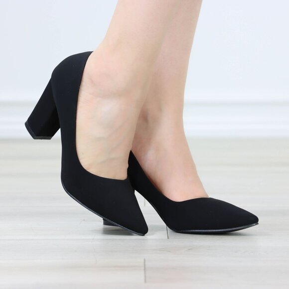 Classic Block High Heel Slip On Pointed Toe Pumps Black Nubuck - Picture 3 of 12